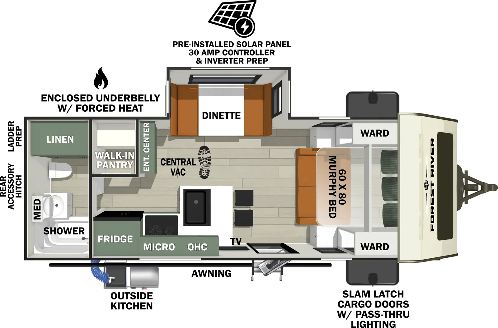 The No Boundaries NB20.4 floorplan has one entry and one slide out. Exterior features include: fiberglass exterior and 14' awning. Interiors features include: murphy bed and rear bathroom.